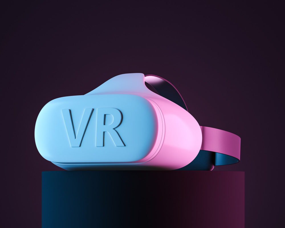 VR headset on pedestal under neon lights